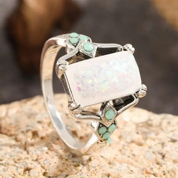 Opal Ring Jewelry - Rectangle White Opal Antique Silver Rings